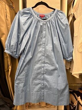 STAUD Sky Blue Button-Down Puff Sleeve Dress